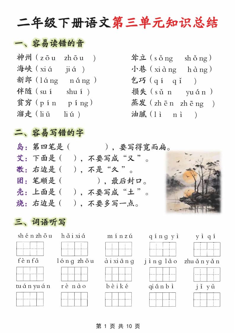 【第三单元】二下语文重点知识总结（填）纯图版10页-谷进海小站