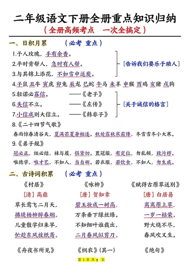 二下语文期末考试全册高频考点-谷进海小站