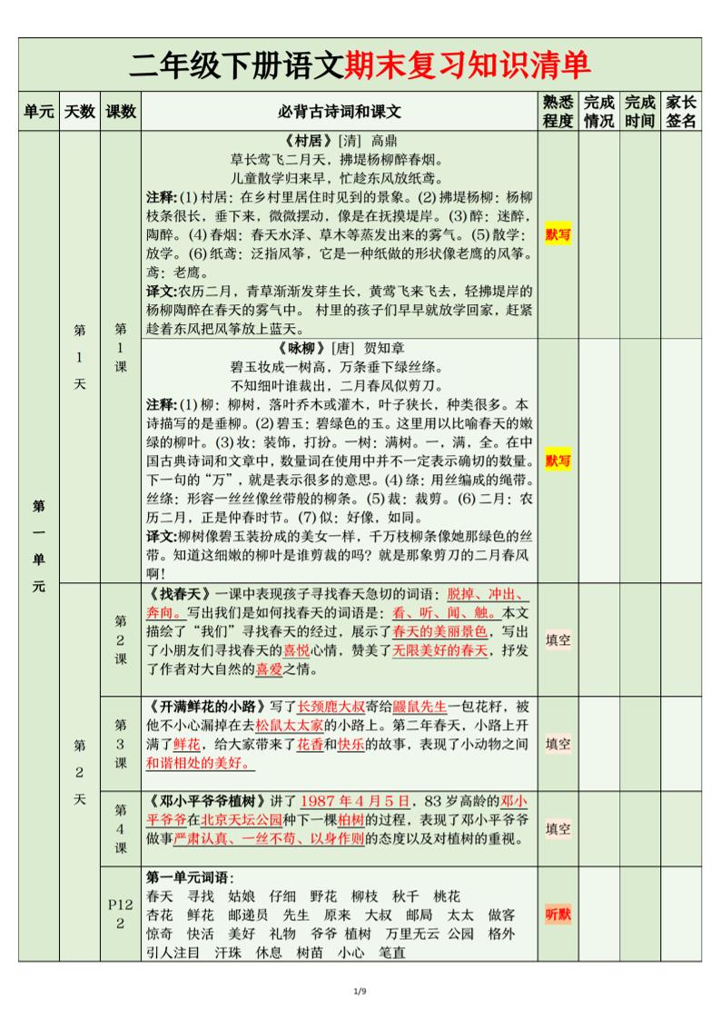 二年级下语文期末复习计划清单-谷进海小站