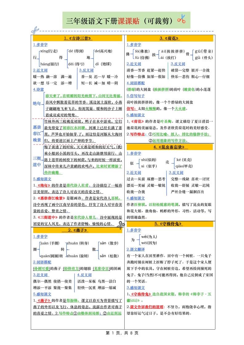 三下语文全册彩色版课课贴（1-28课）8页-谷进海小站