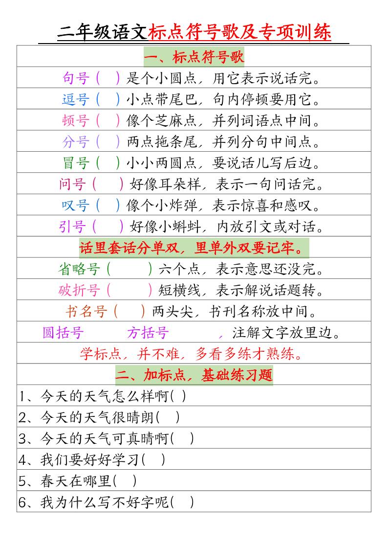 二年级下册语文标点符号歌及专项训练（4页）-谷进海小站
