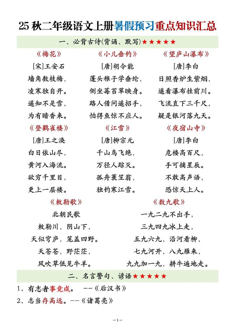 25秋二上语文暑假预习重点知识汇总20页-谷进海小站