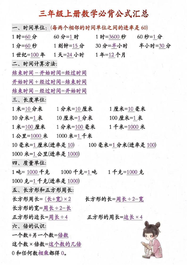 三年级上册数学必背知识汇总-谷进海小站