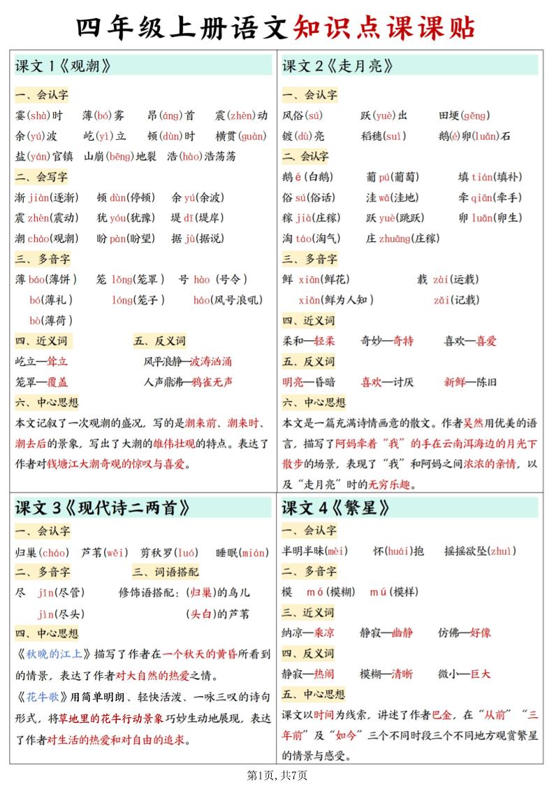 四上语文知识点课课贴7页-谷进海小站