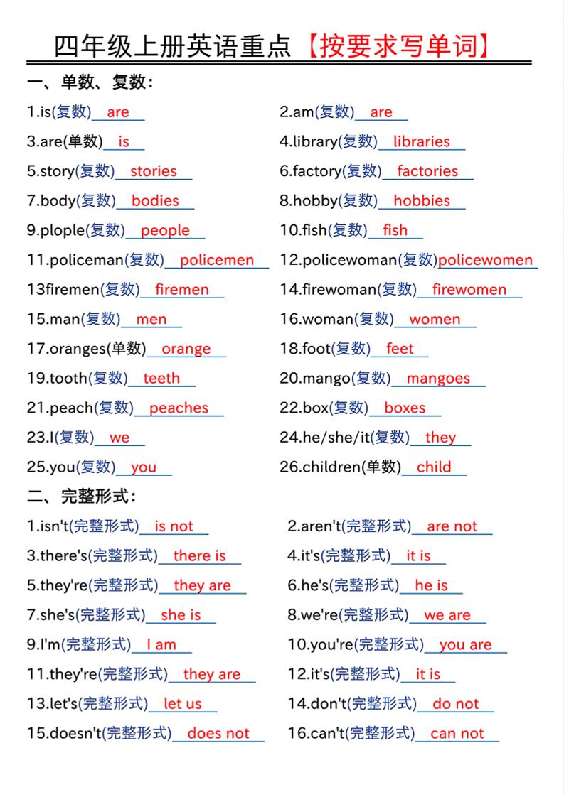 四年级上人教PEP版英语重点按要求写单词（答案）-谷进海小站