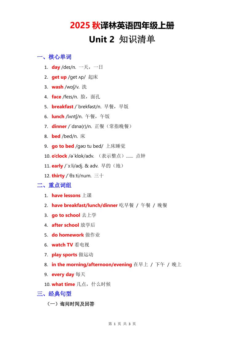 2025秋译林英语四上Unit2知识清单-谷进海小站