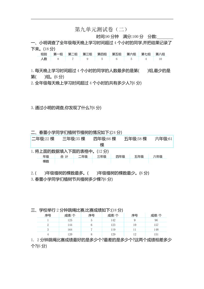 三下苏教版数学第九单元检测卷-2-谷进海小站