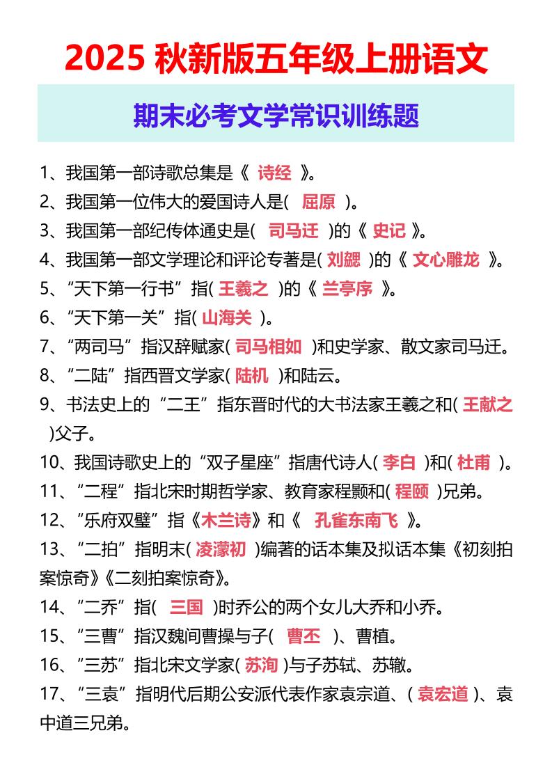【2025秋新版】五年级上册语文期末必考文学常识训练题-谷进海小站