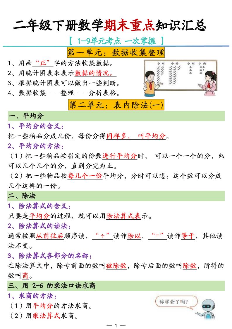 二年级下册数学期末重点知识汇总-谷进海小站
