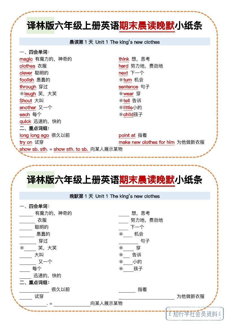 译林版六年级上册英语期末晨读晚默小纸条-谷进海小站