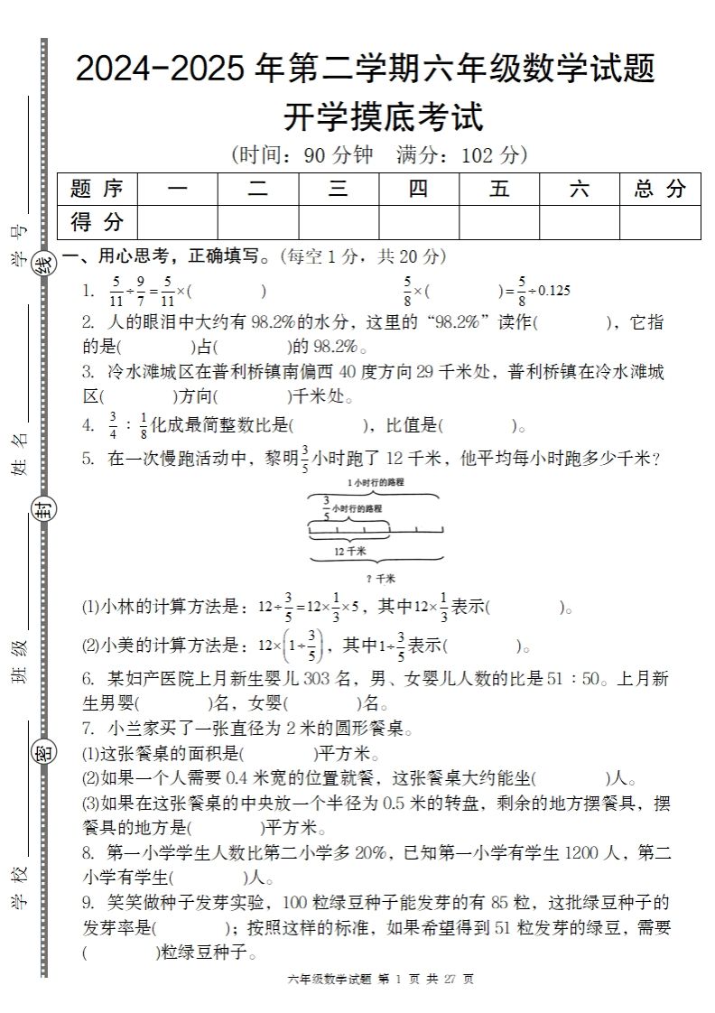 2024-2025年第二学期六下数学开学摸底试题人教-谷进海小站