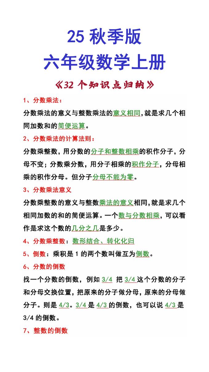 【2025秋新版】六年级数学上册《32个知识点归纳》-谷进海小站