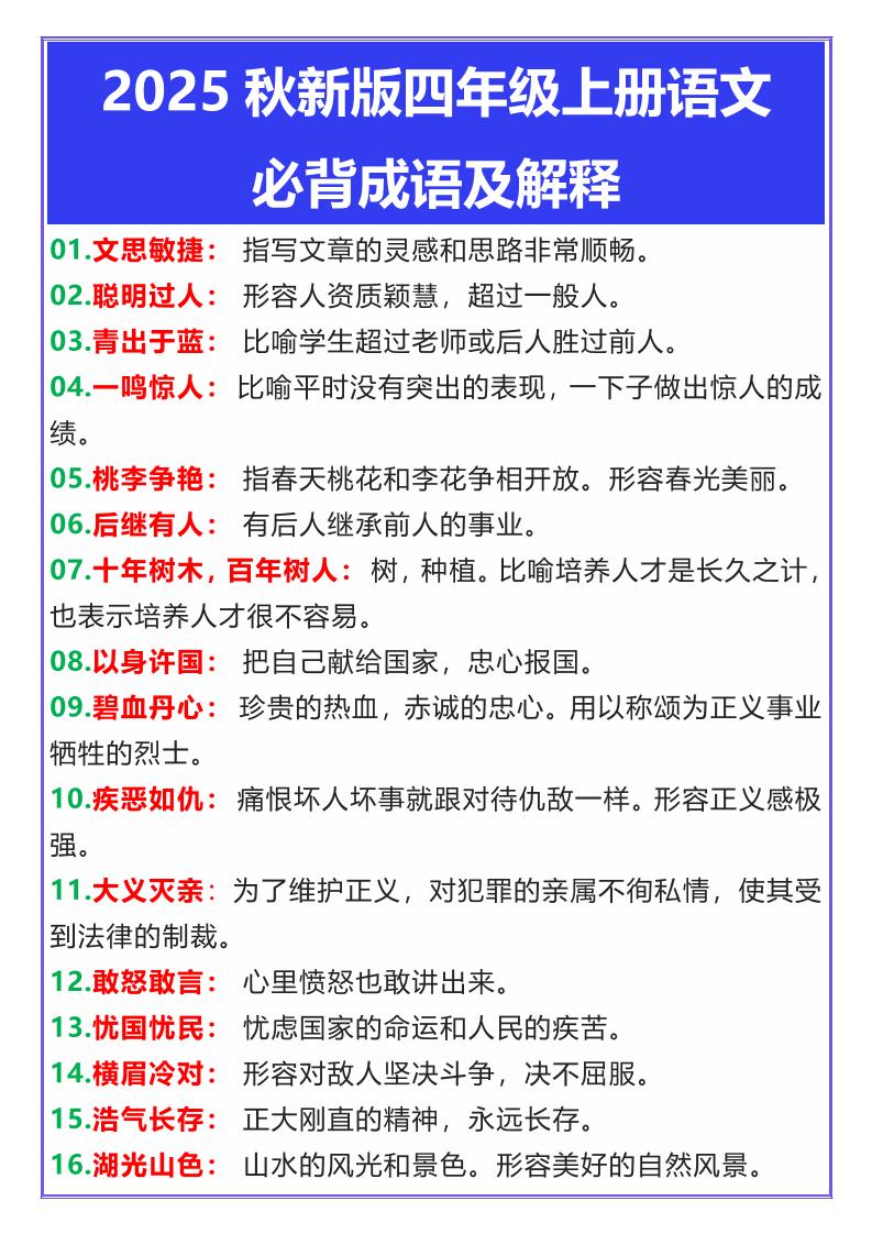 【2025秋新版】四年级上册语文必背成语及解释-谷进海小站