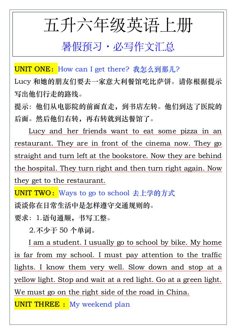 五升六年级英语上册暑假预习·必写作文汇总-六上英语-谷进海小站