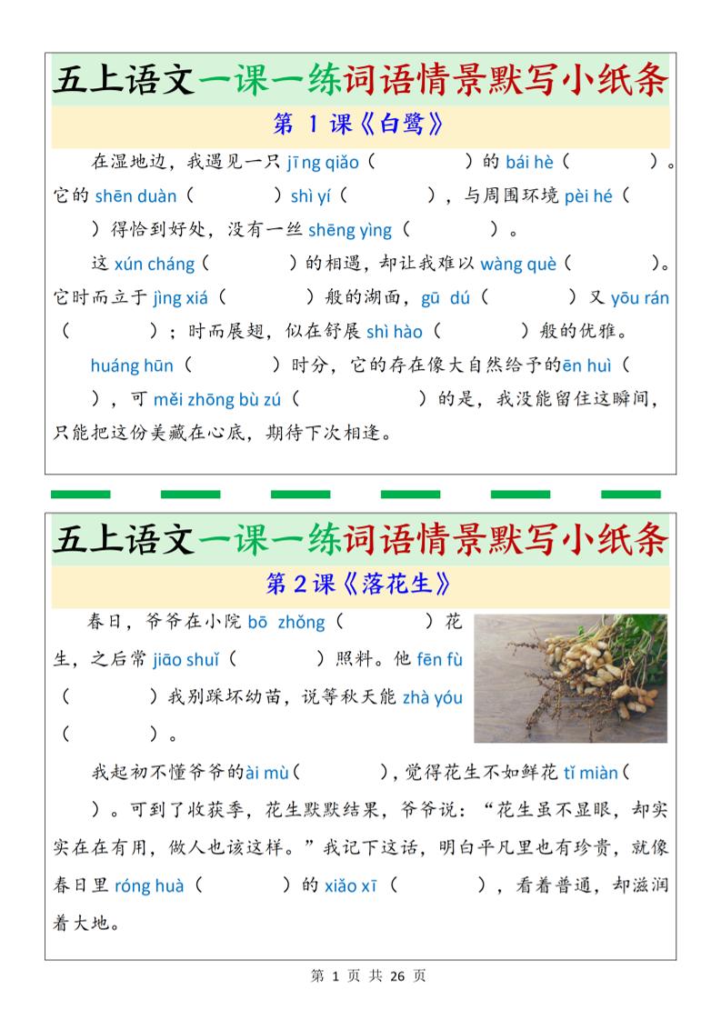 五上语文一课一练词语情景默写小纸条(含答案26页)-谷进海小站