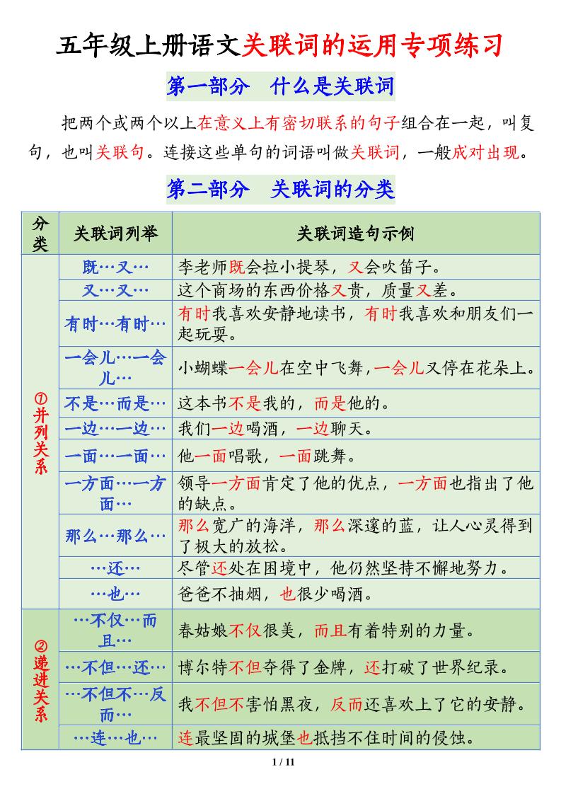 五上语文关联词语的运用专项练习（11页）-谷进海小站