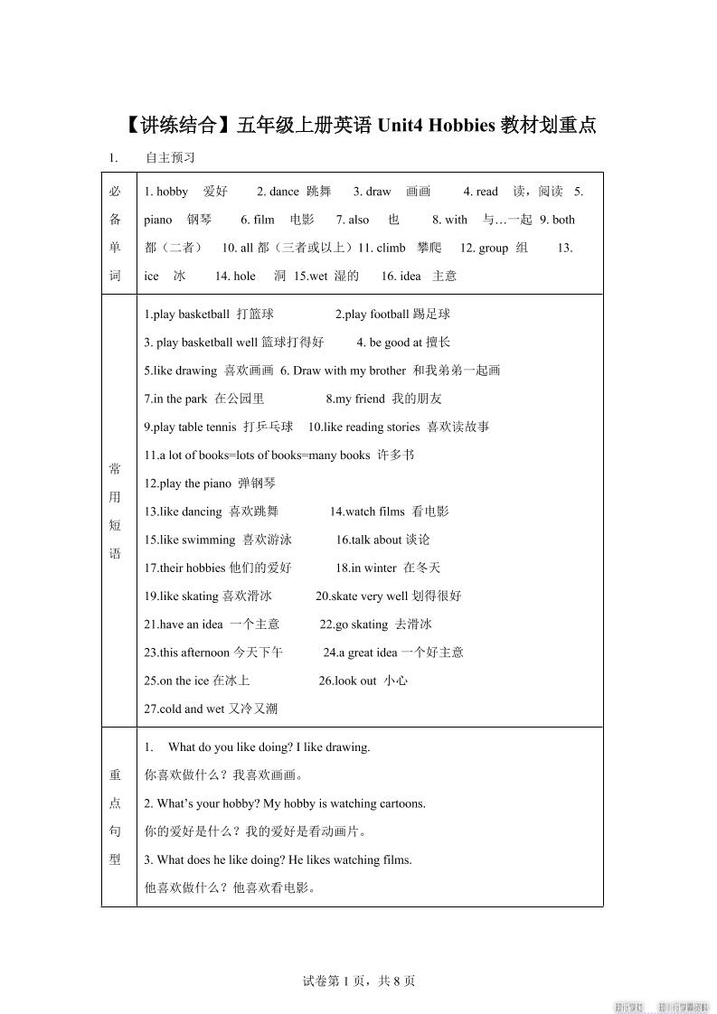 【单元热点难点】译林版（三起）英语五年级上册Unit4Hobbies教材划重点-谷进海小站