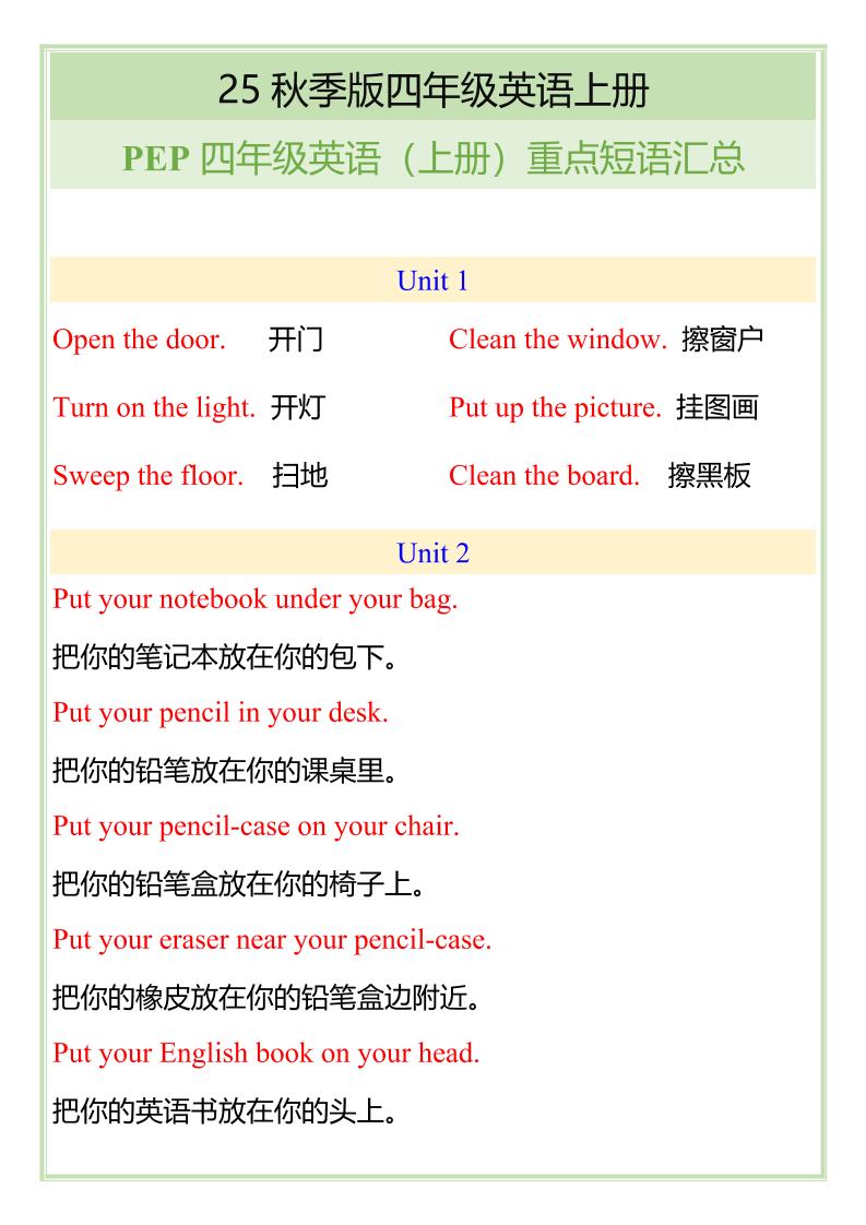 【2025秋新版】四年级英语上册重点短语汇总-谷进海小站