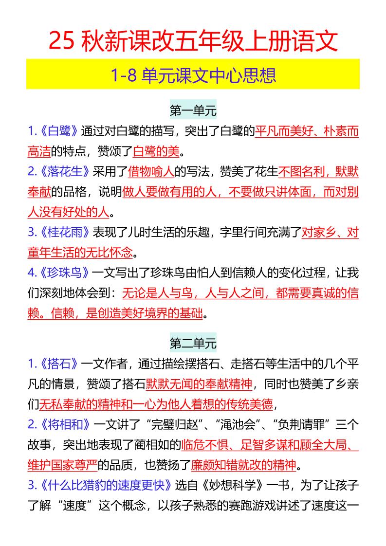 【2025秋新版】五年级上册语文1-8单元课文中心思想-谷进海小站
