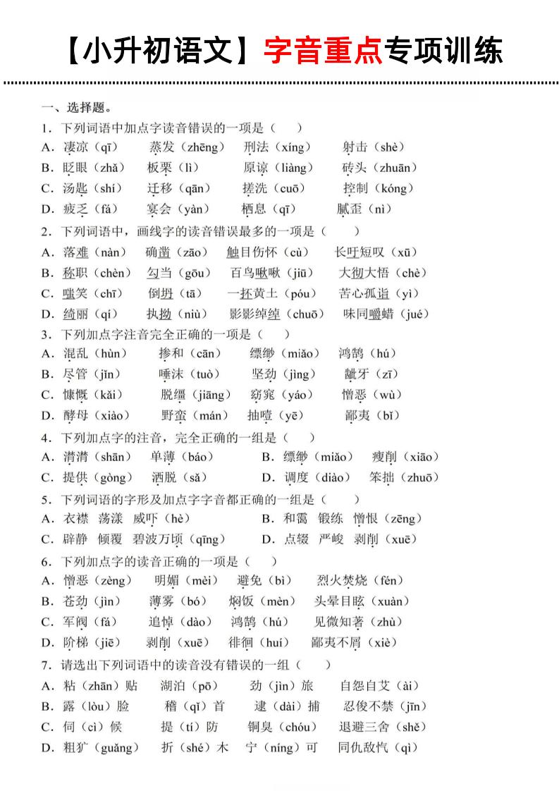 《小升初语文字音重点专项训练》-谷进海小站