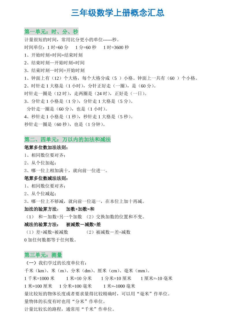 三年级数学上册概念全集-谷进海小站