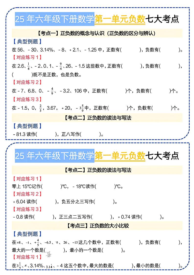 六下数学人教负数七大考点小纸条-谷进海小站