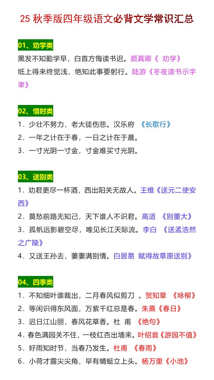 【2025秋新版】四年级语文上册必背文学常识汇总-谷进海小站
