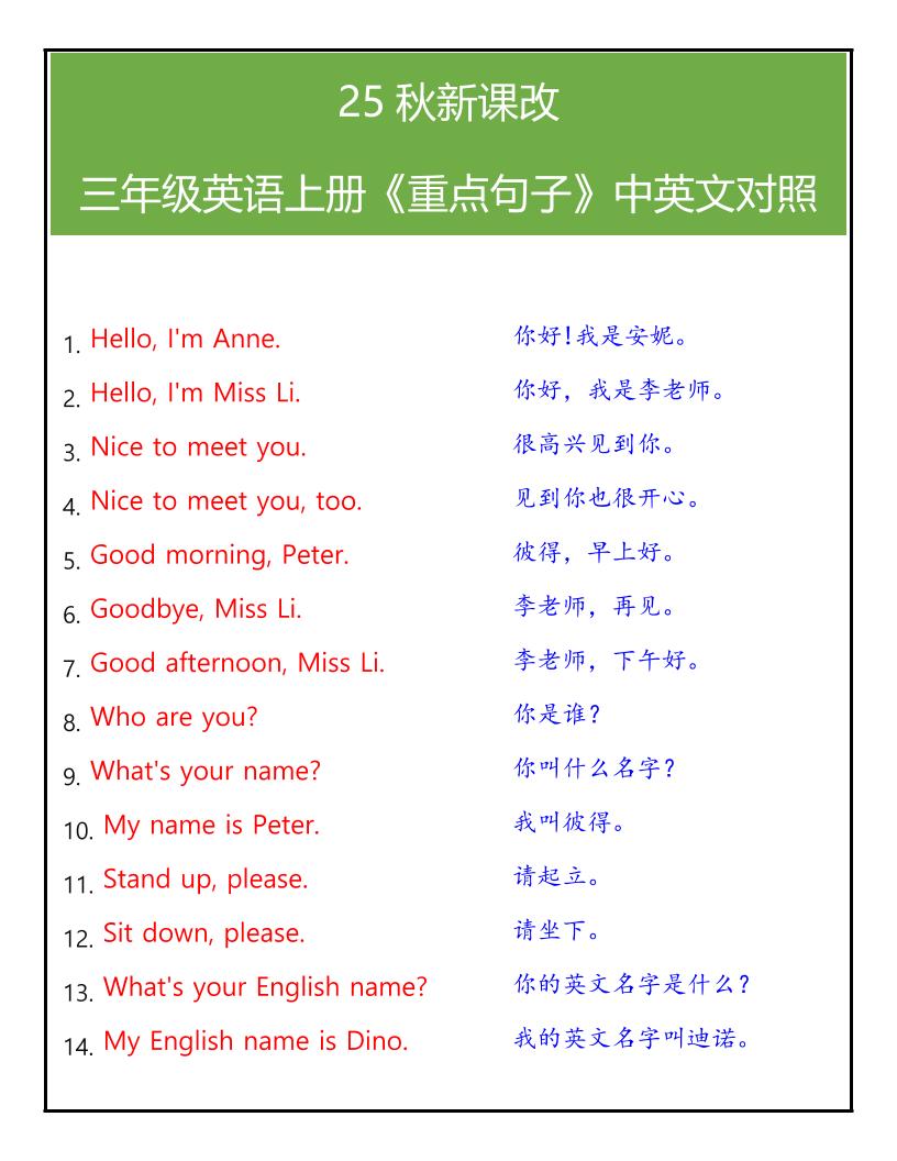 【2025秋新版】三年级英语上册《重点句子》中英文对照-谷进海小站