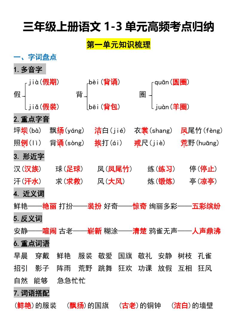三年级上册语文1-3单元高频考点梳理-谷进海小站