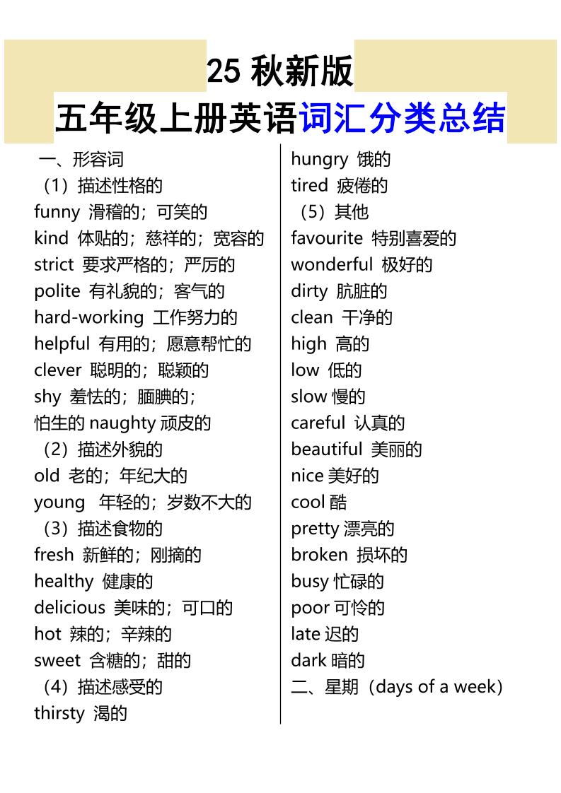 【2025秋新版】五年级上册英语词汇分类总结-谷进海小站