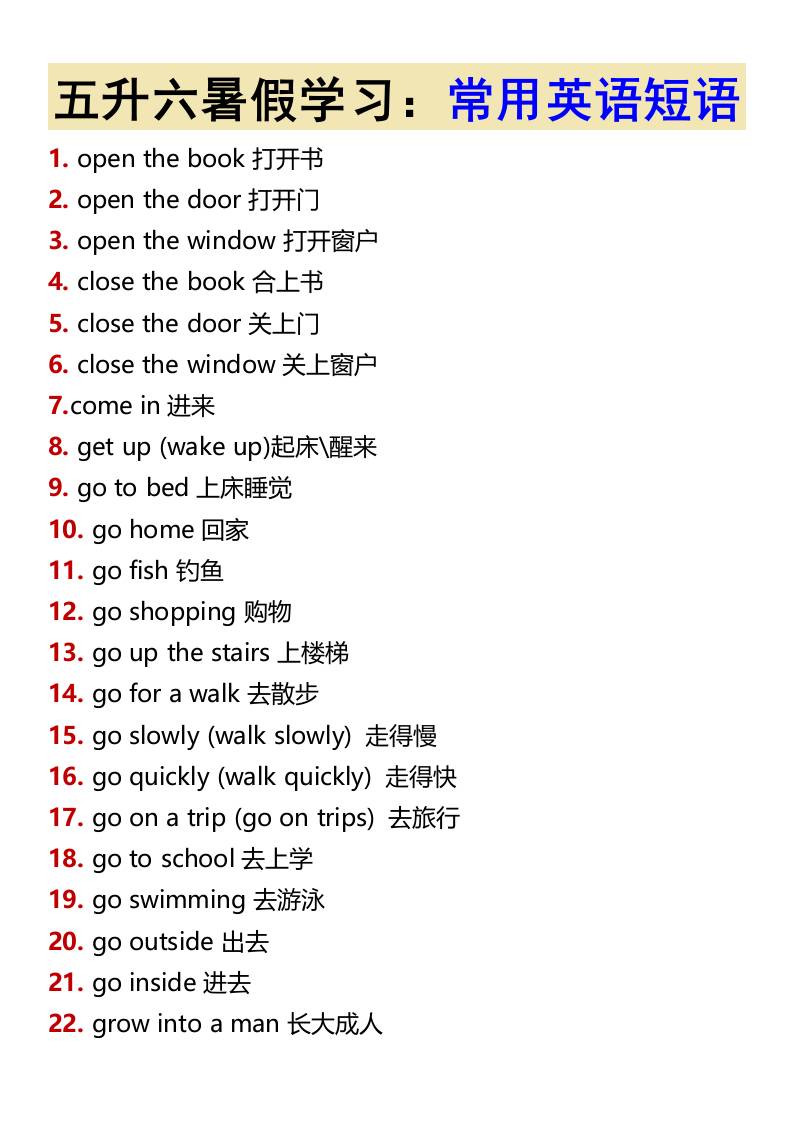 五升六暑假学习：常用英语短语-六上英语-谷进海小站
