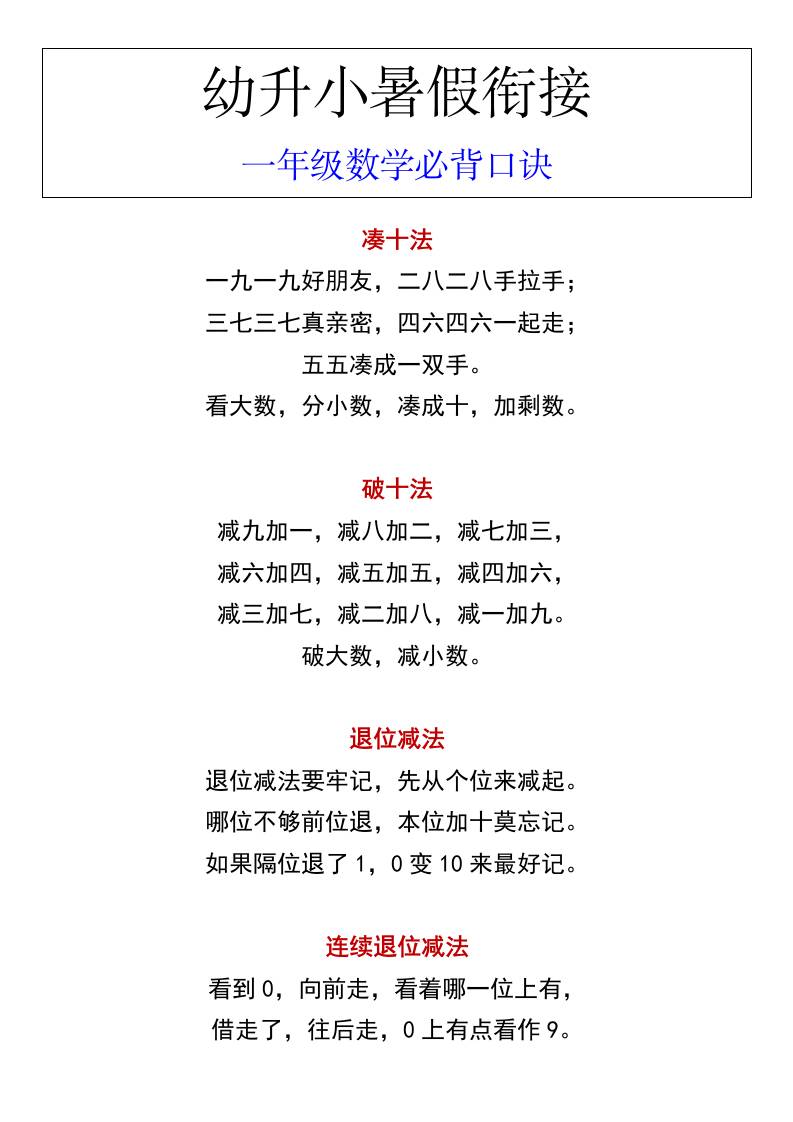 幼升小暑假衔接一年级数学必背口诀-谷进海小站