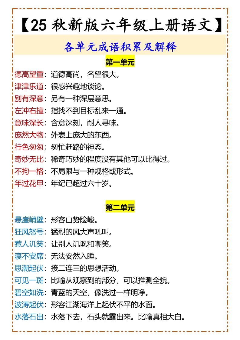 【2025秋新版】【六年级上册语文】各单元成语积累及解释-谷进海小站