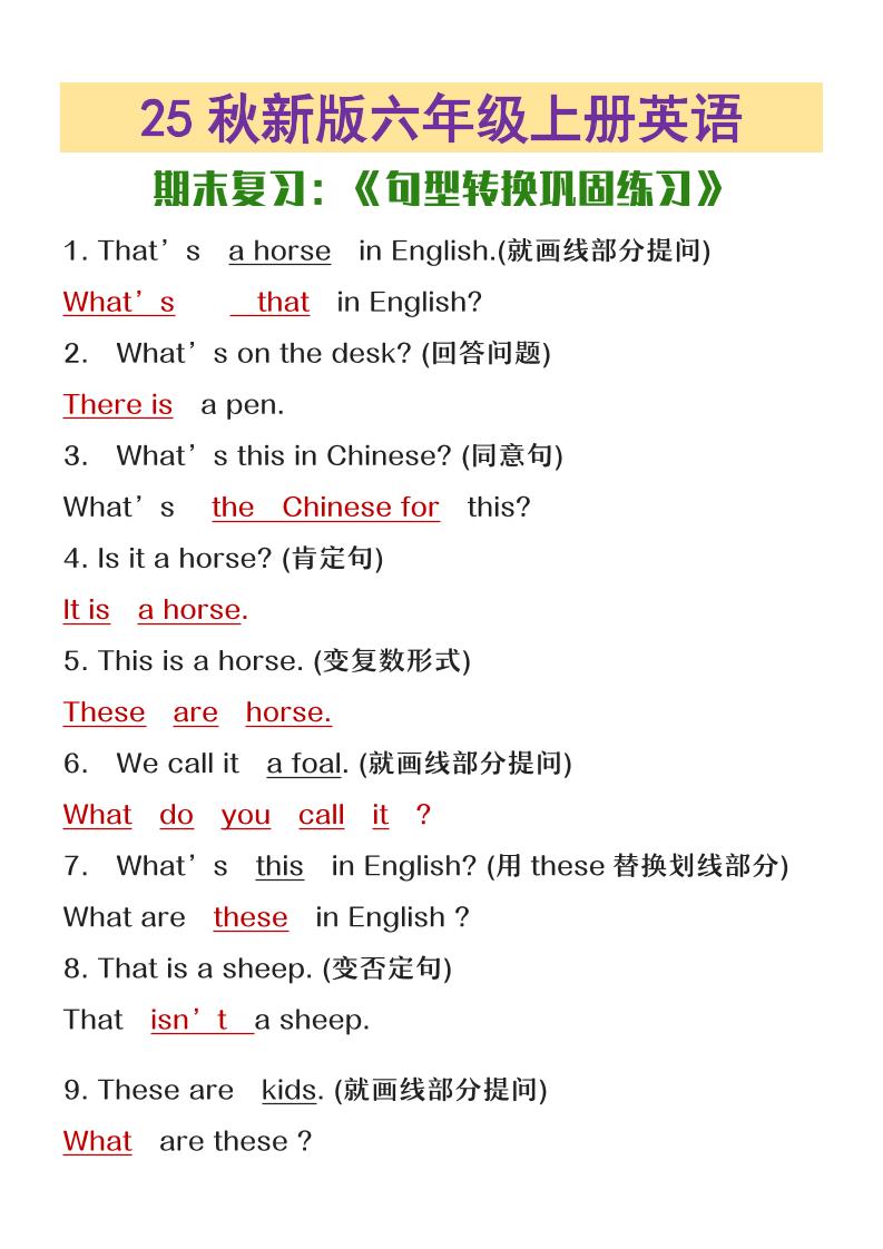 【2025秋新版】六年级上册英语期末复习句型转换巩固练习-谷进海小站