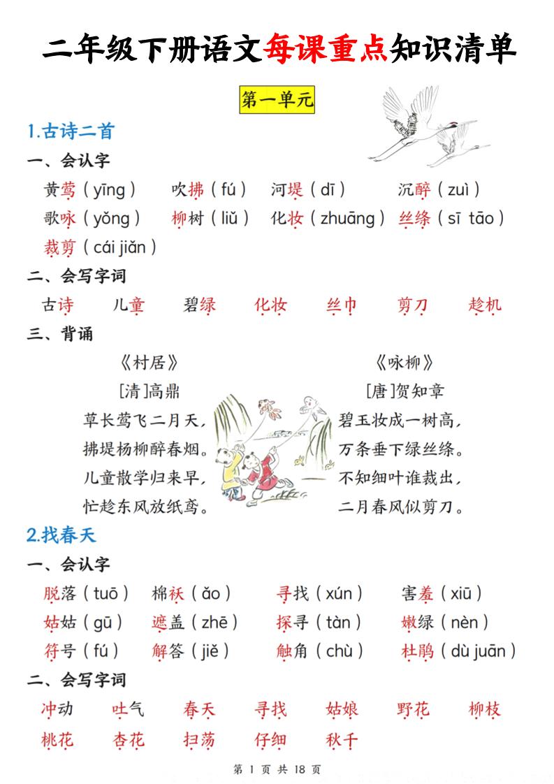 二下语文每课重点知识清单（18页）(4)-谷进海小站