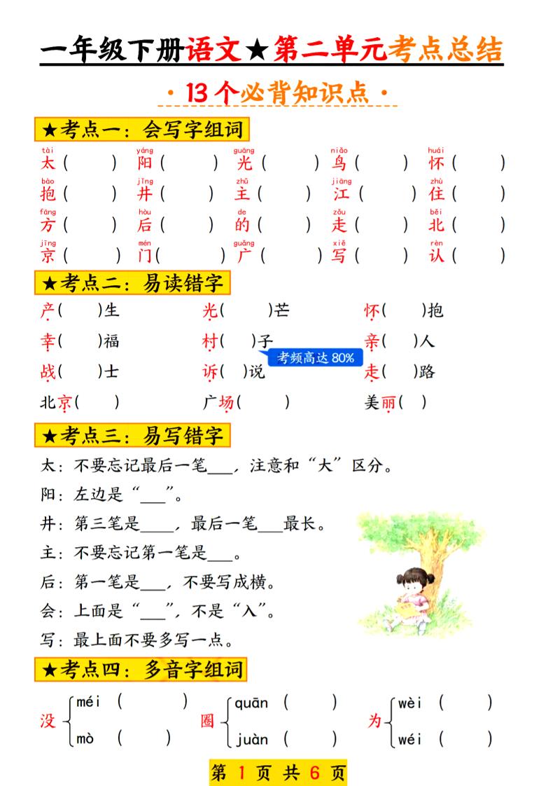 2025新版一年级语文下册第二单元考点总结13个必背-谷进海小站