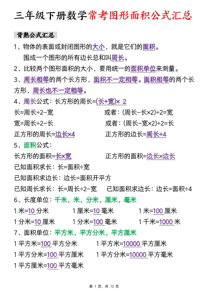 三年级下数学面积公式汇总+面积十大考点专项练习-谷进海小站
