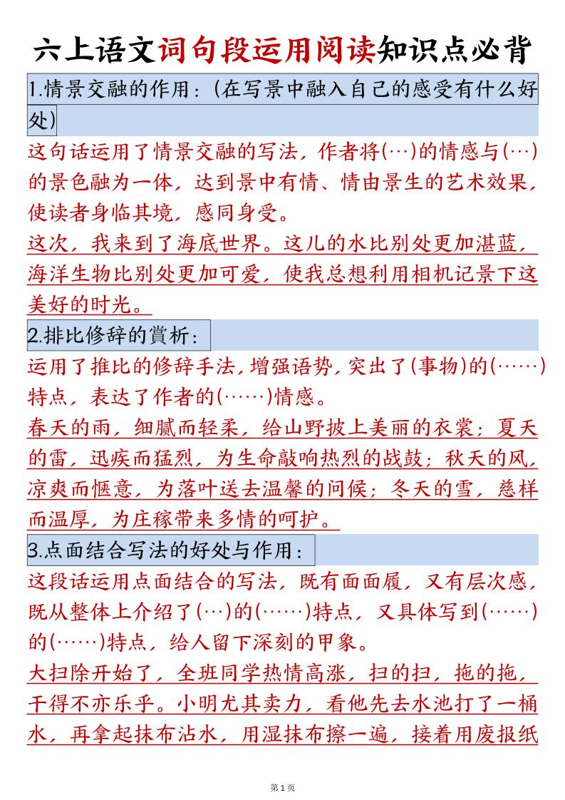 六年级语文上册词句段运用阅读知识点必背-谷进海小站