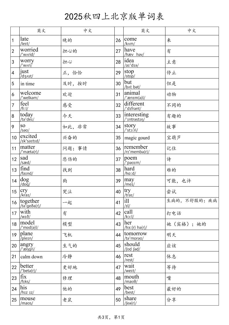 2025秋四上英语北京版单词表-谷进海小站