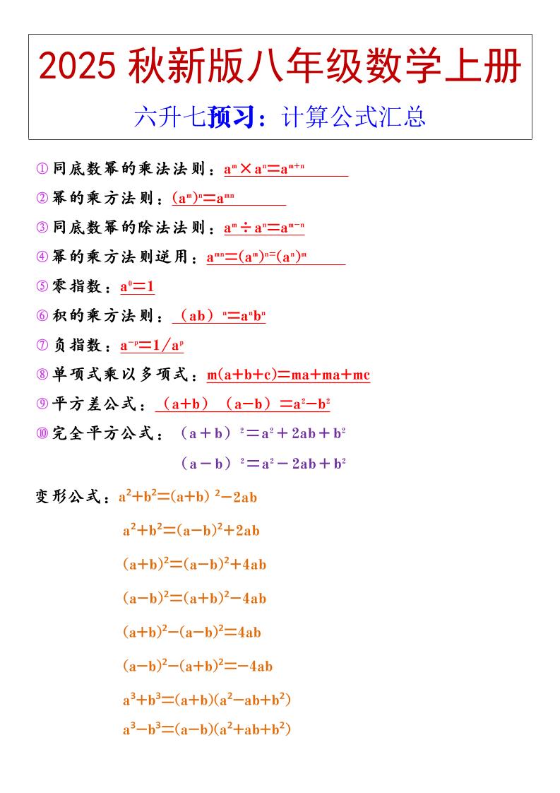 【2025秋新版】八年级上册数学计算公式汇总-谷进海小站