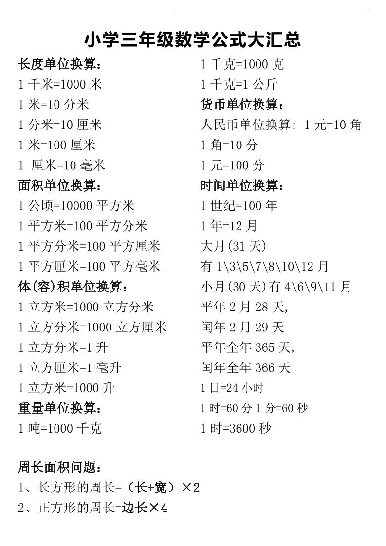 三年级下册数学公式大汇总-谷进海小站