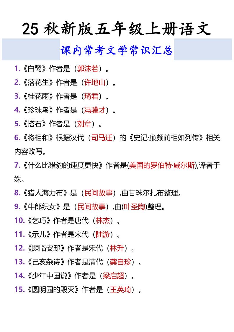 【2025秋新版】五年级上册语文课内常考文学常识汇总-谷进海小站