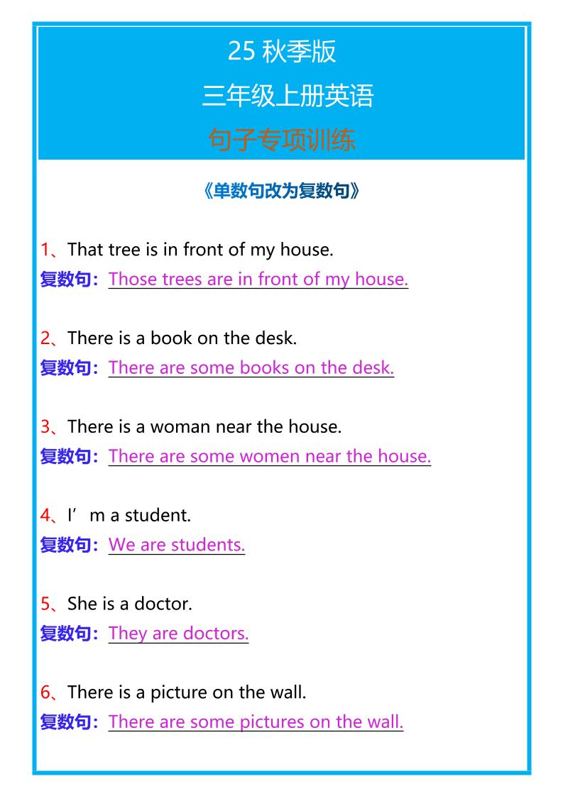 【2025秋新版】三年级上册英语句子专项训练-谷进海小站