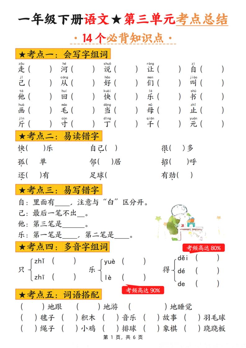 一下语文第三单元考点总结（含练习6页）-谷进海小站