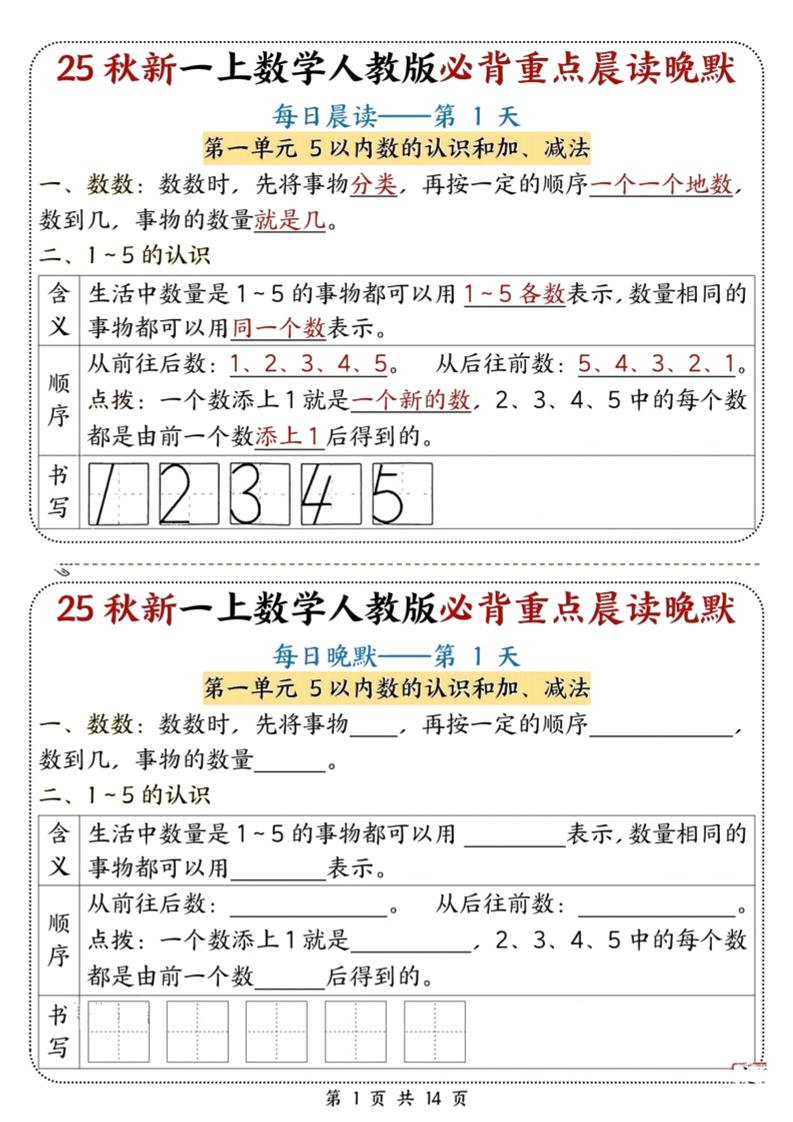 25秋新一上数学必背重点晨读晚默（人教版14页）-谷进海小站