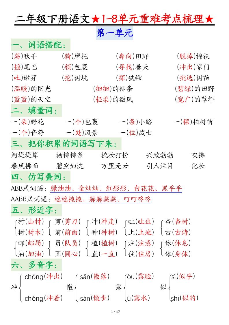 二下语文期末复习1-8单元重难考点梳理总结（17页）-谷进海小站