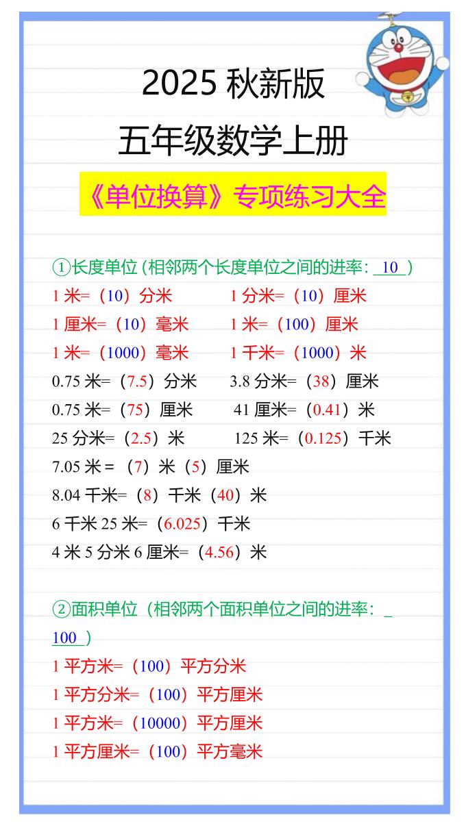 【2025秋新版】五年级数学上册《单位换算》专项练习大全-谷进海小站