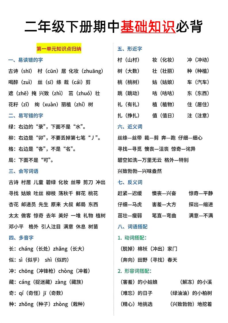 二年级语文下册期中基础知识必背5页-谷进海小站