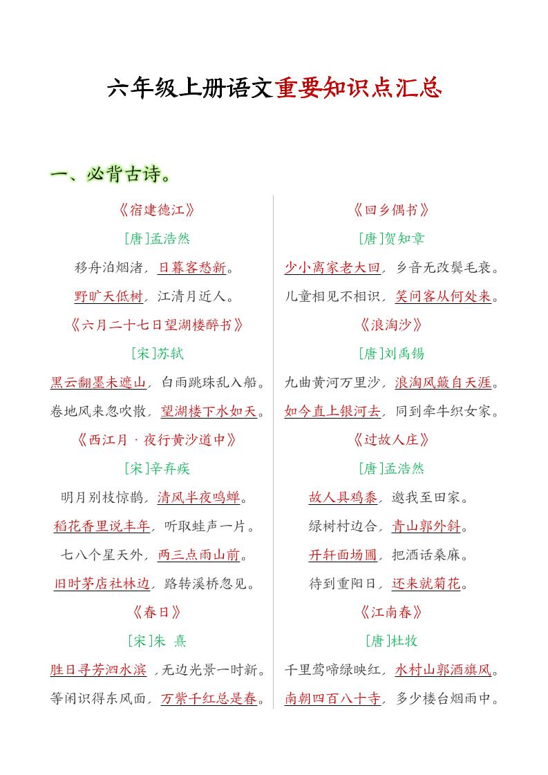 六年级语文上册全册重点知识点汇总-谷进海小站