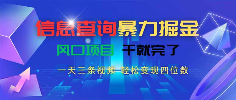 信息查询暴力掘金，一天三条视频 轻松变现四位数，风口项目干就完了-谷进海小站